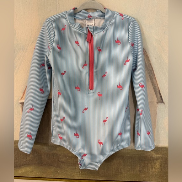 CARTERS Girls' Long Sleeve Striped Flamingo One Piece Swimsuit - Blue 4T - Picture 1 of 5